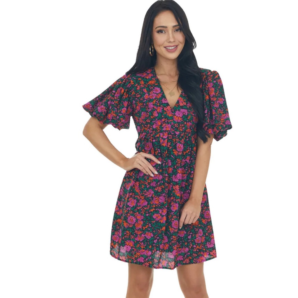Floral Puff Sleeve Dress Med Like New